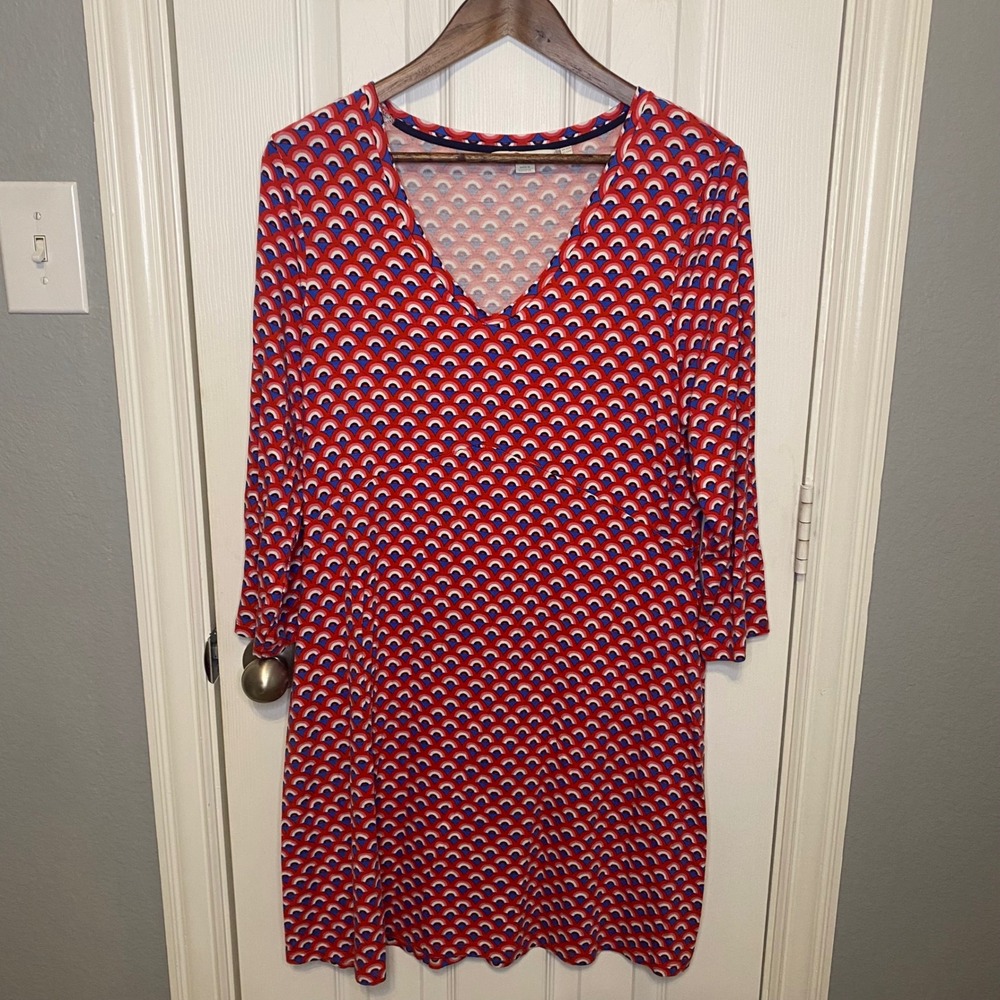 Boden Dress Womens 14 Red Blue Geometric Scallop‎ Print V-Neck 3/4 Sleeve Jersey